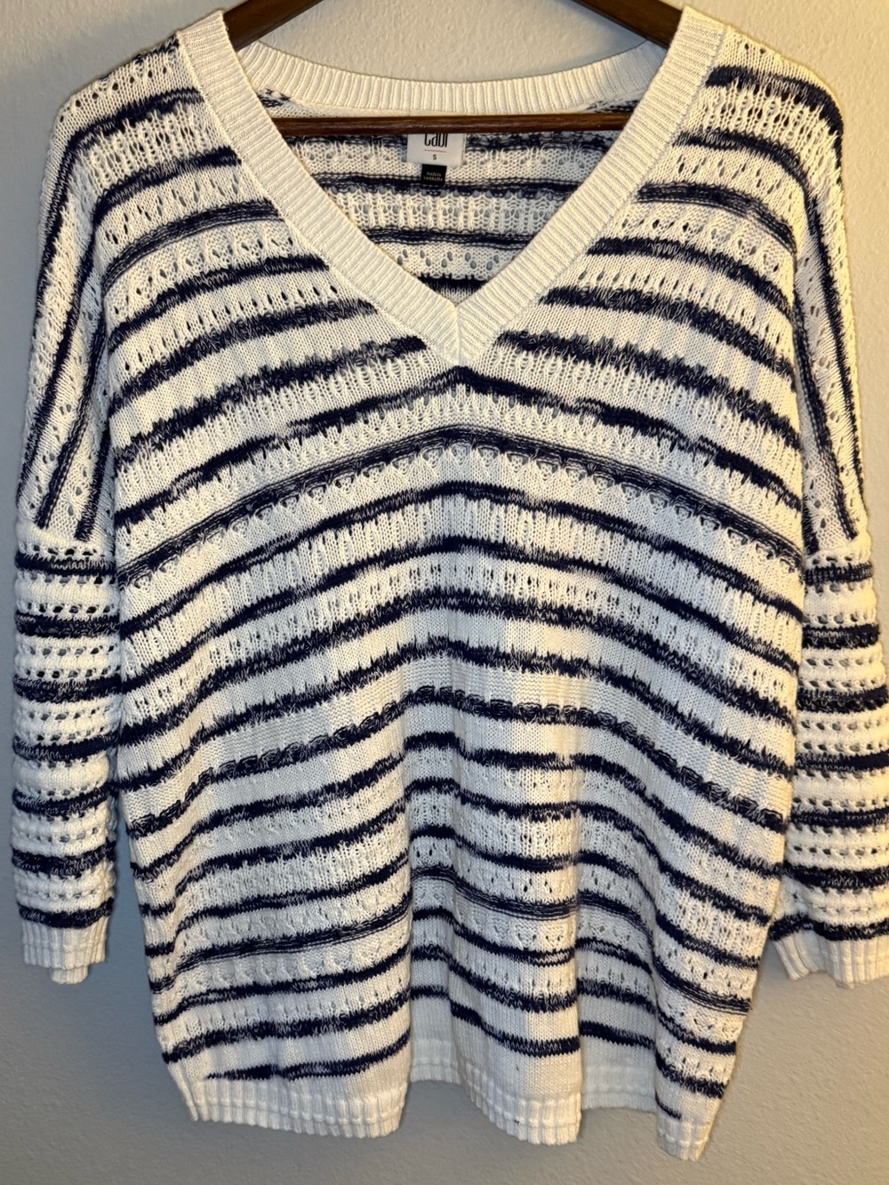 CAbi White & Navy Striped V-Neck Sweater